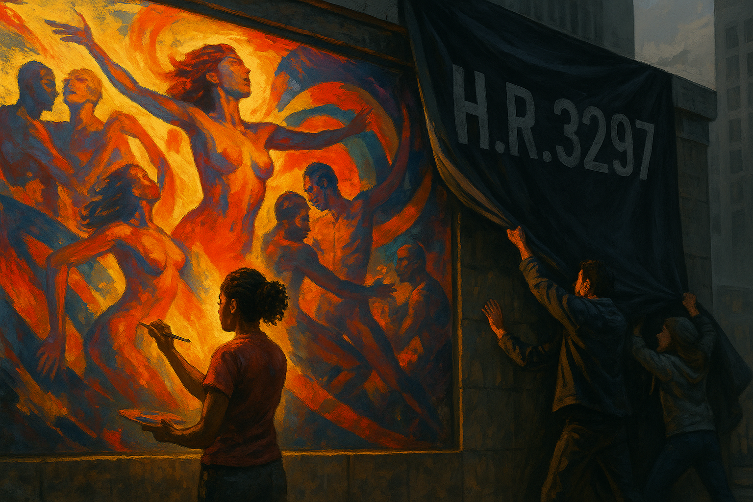 A bold landscape-mode digital painting of a diverse artist painting a massive mural on a city wall, depicting vibrant, abstract figures embracing freedom and sensuality. The mural is partially covered by a dark curtain labeled 'H.R.3297,' which is being torn down by activists. The scene is illuminated by dramatic lighting, with warm golds and reds clashing against cold, oppressive grays, symbolizing resistance to censorship."