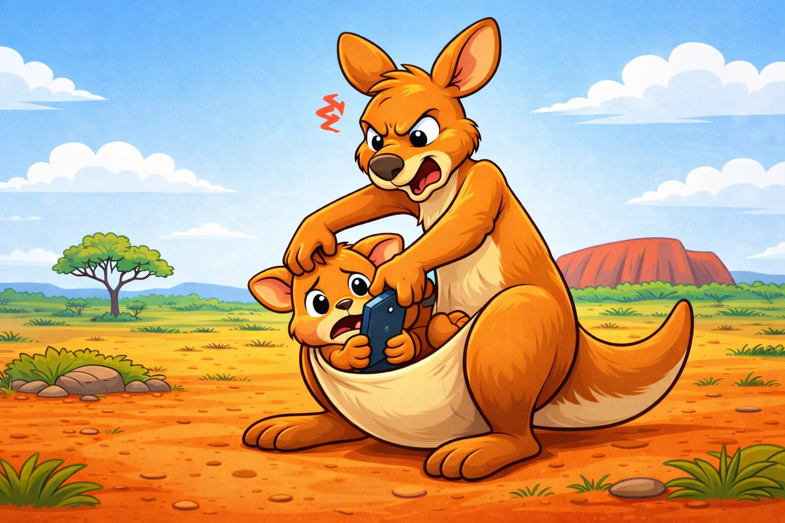 A kangaroo removing a mobile phone from her joey