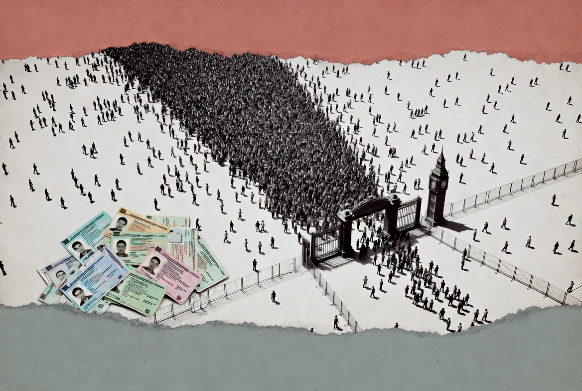 A pile of ID cards and people being crowded into a pen with London landmarks